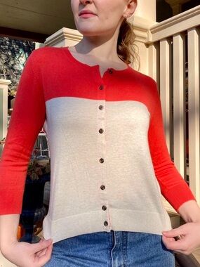 GAP Red and Cream Colorblock Button-Up Cardigan